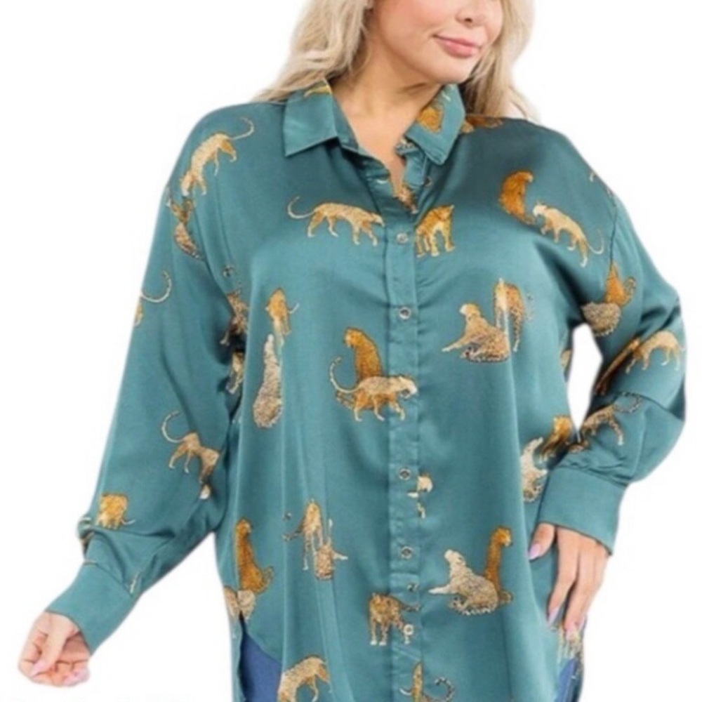 Entro blouse buttondown leopard jaguar oversized teal fabric tan silhouettes